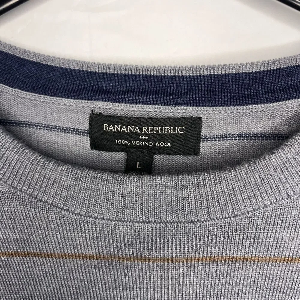 Banana Republic 100% Merino Wool Sweater‎ Men's L Gray Striped Pullover
